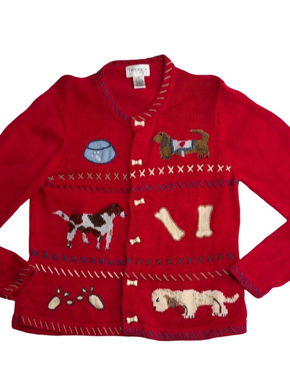 Tribeca Vintage Novelty Red Embroidered Dog Cardigan - Picture 1 of 10
